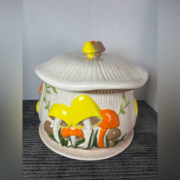 Vtg 1974 Arnels 3D Mushroom Divided 4 Canister Lazy Susan W/Lid & Tray-Ceramic - Picture 6 of 16